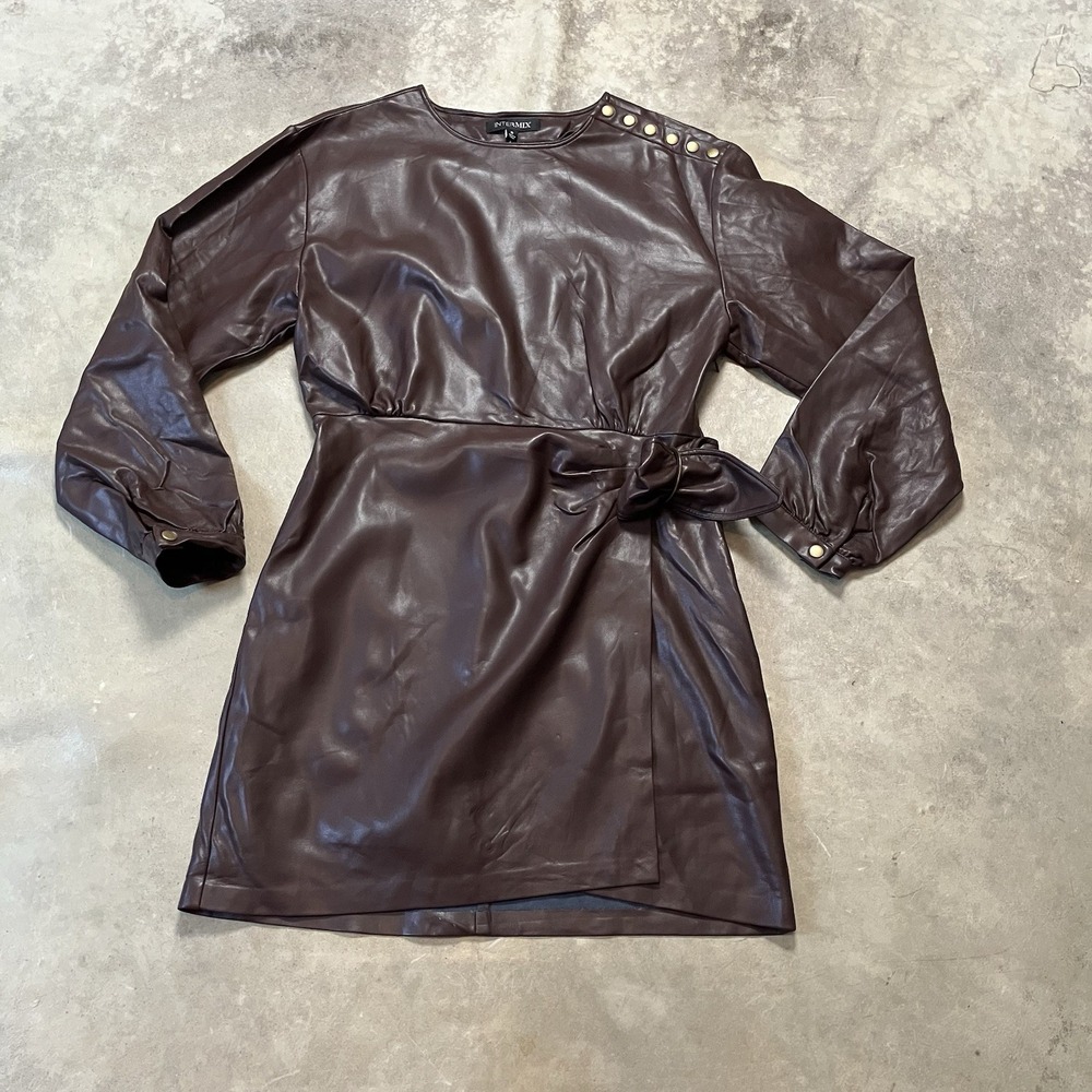 Intermix Dress Womens Size 8 Brown Faux Leather Faux‎ Wrap Long Sleeve